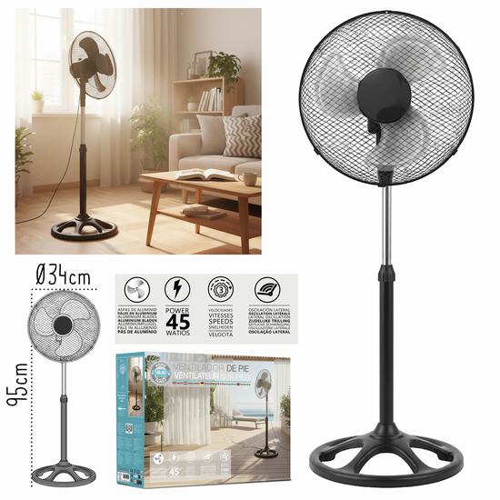 VENTILADOR NEGRO DE PIE 45 W - 33 x 34 x H 95 cm